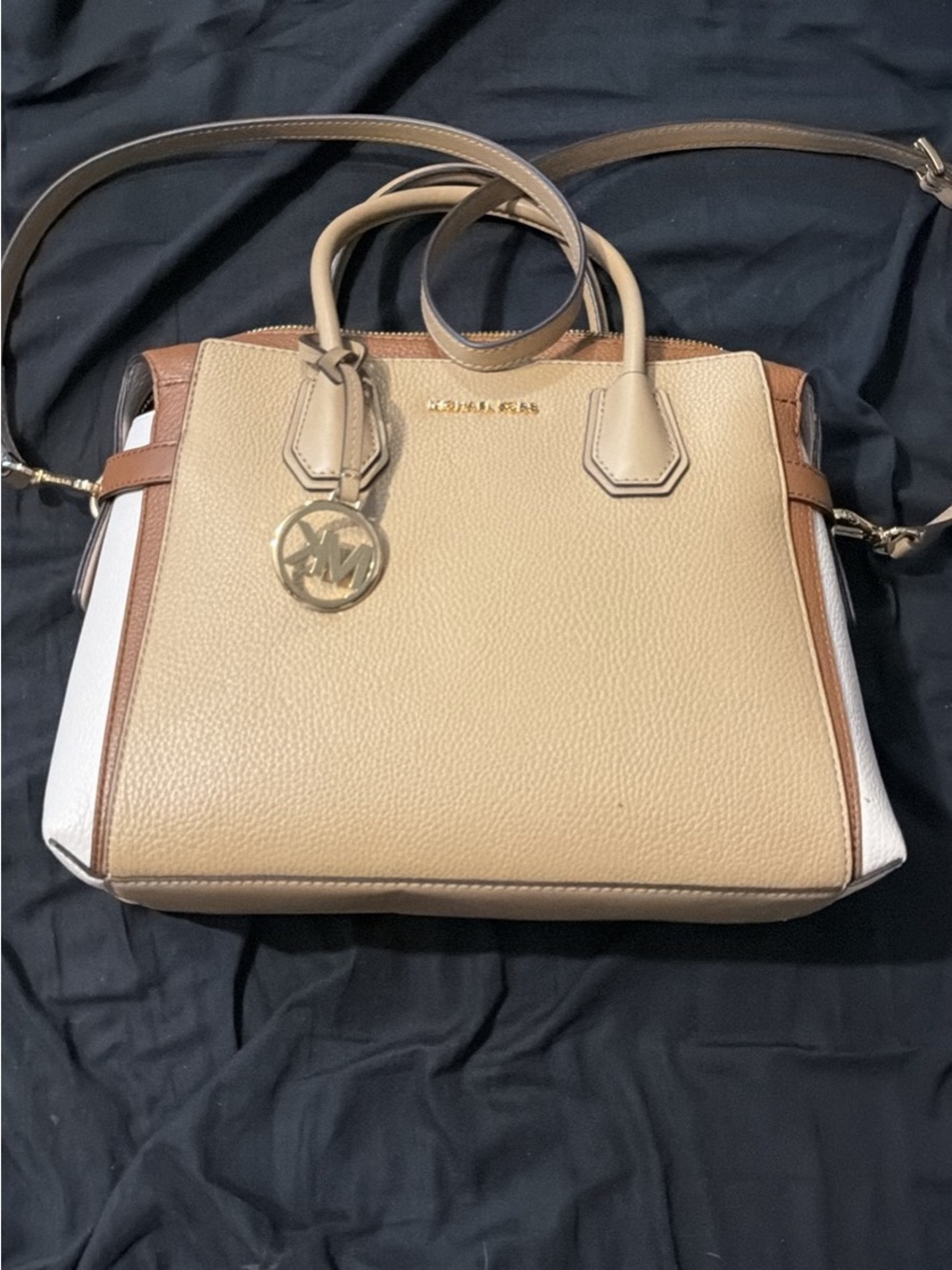 Michael Kors Beige, Brown & White Leather Satchel with Gold Logo Charm
